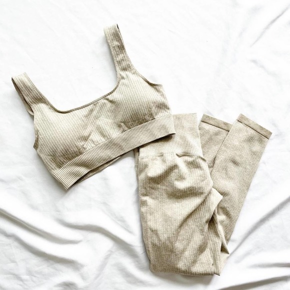 Pants - Cream Ribbed Leggings Workout Set Size Small